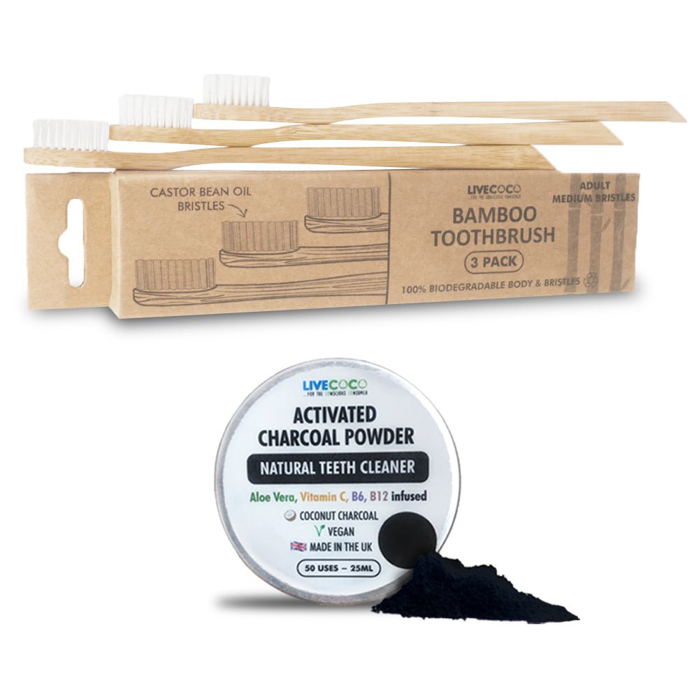 Activated Charcoal Powder & Bamboo Toothbrush Kit - Leaf & Stone