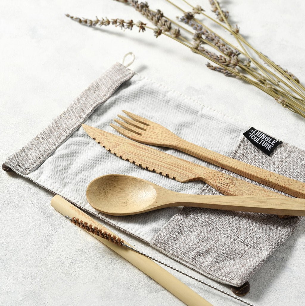 Bamboo Cutlery Set (Light grey bag) - Leaf & Stone