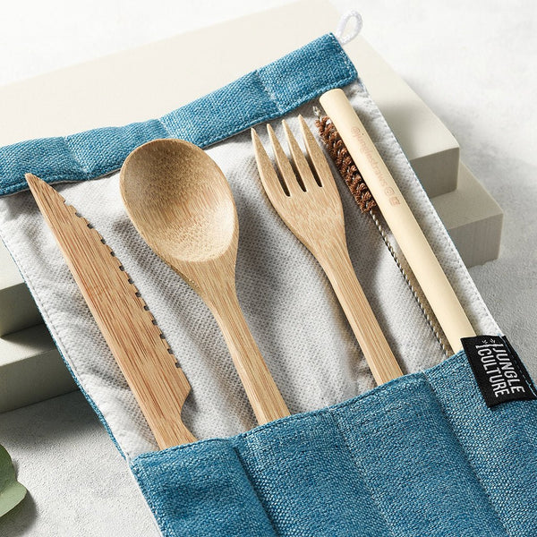 Bamboo Cutlery Set (Light grey bag) - Leaf & Stone