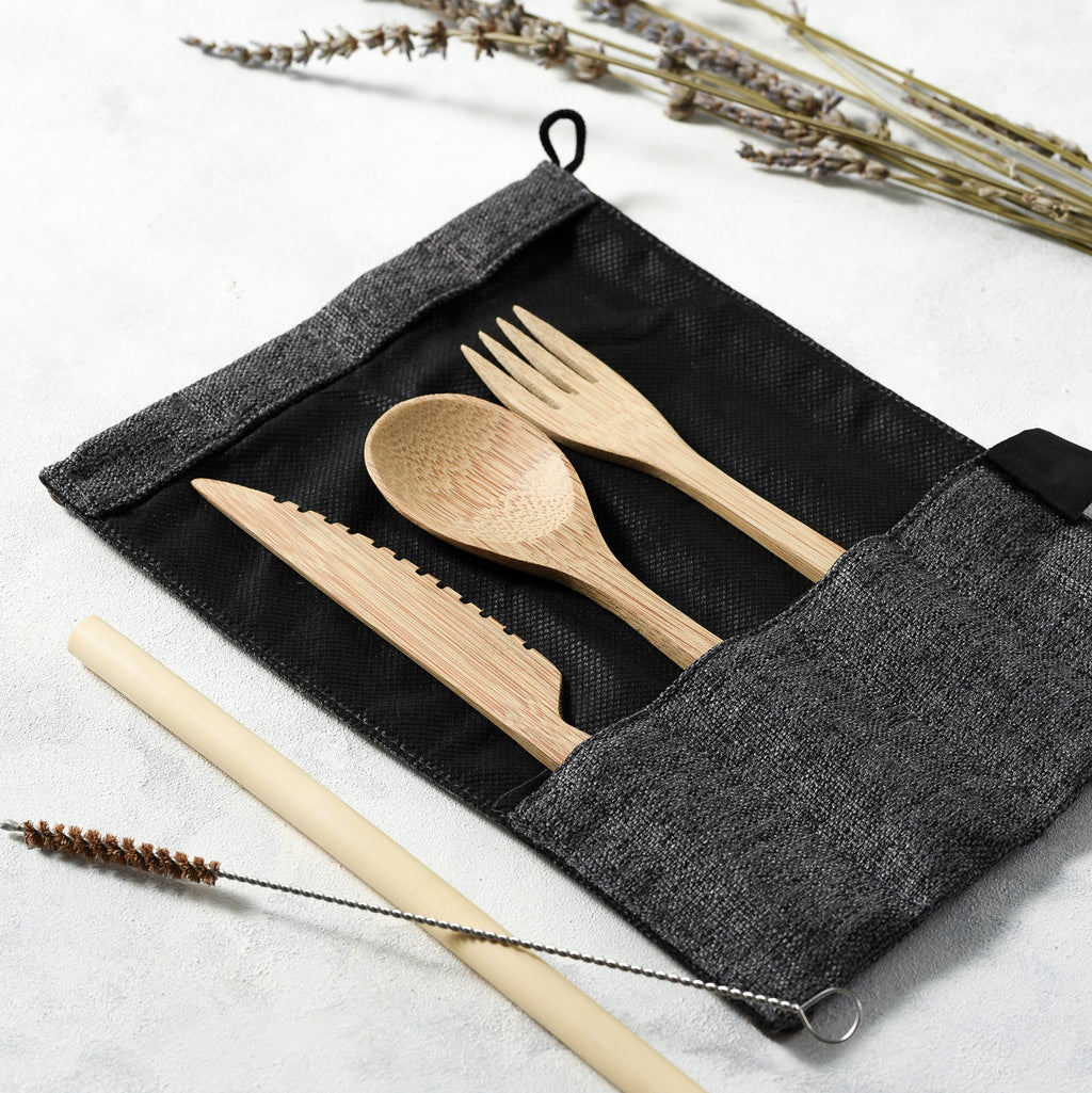 Bamboo Cutlery Set (Light grey bag) - Leaf & Stone