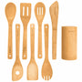 Bamboo Kitchen Utensils Set 8 - Pack - Wooden Cooking Utensils for Nonstick Cookware - Wooden Cooking Spoons, Spatulas, Turner, Tongs, Utensil Holder - Leaf & Stone