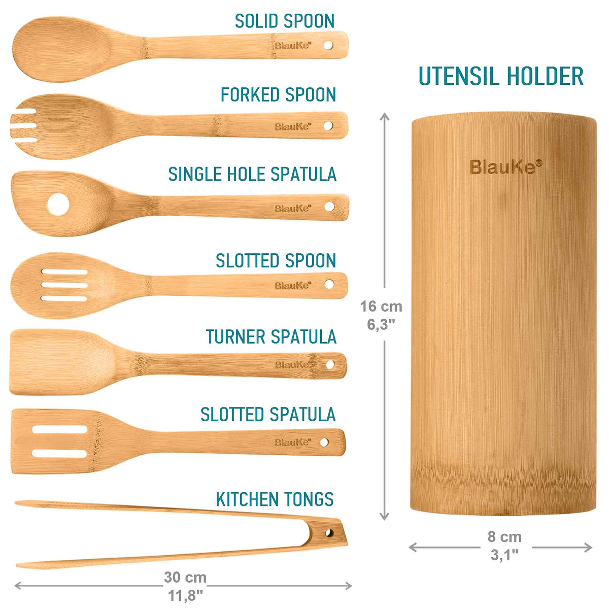 Bamboo Kitchen Utensils Set 8 - Pack - Wooden Cooking Utensils for Nonstick Cookware - Wooden Cooking Spoons, Spatulas, Turner, Tongs, Utensil Holder - Leaf & Stone