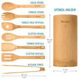 Bamboo Kitchen Utensils Set 8 - Pack - Wooden Cooking Utensils for Nonstick Cookware - Wooden Cooking Spoons, Spatulas, Turner, Tongs, Utensil Holder - Leaf & Stone