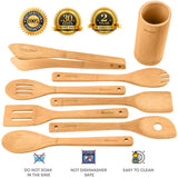 Bamboo Kitchen Utensils Set 8 - Pack - Wooden Cooking Utensils for Nonstick Cookware - Wooden Cooking Spoons, Spatulas, Turner, Tongs, Utensil Holder - Leaf & Stone