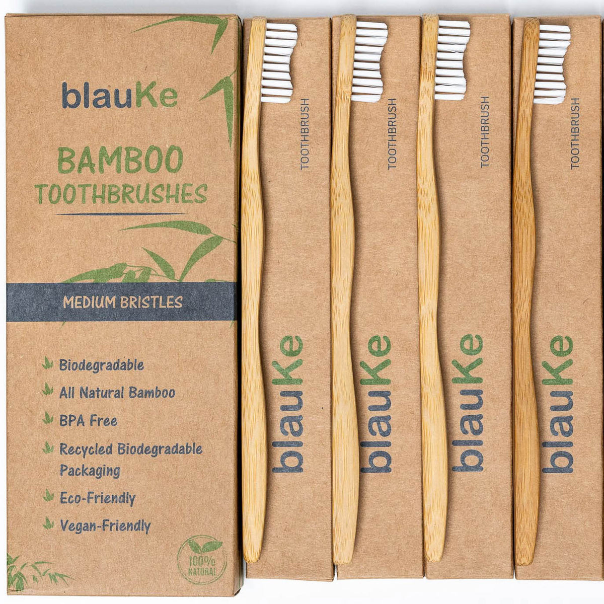 Bamboo Toothbrush Set 4 - Pack - Bamboo Toothbrushes with Medium Bristles for Adults - Eco - Friendly, Biodegradable, Natural Wooden Toothbrushes - Leaf & Stone