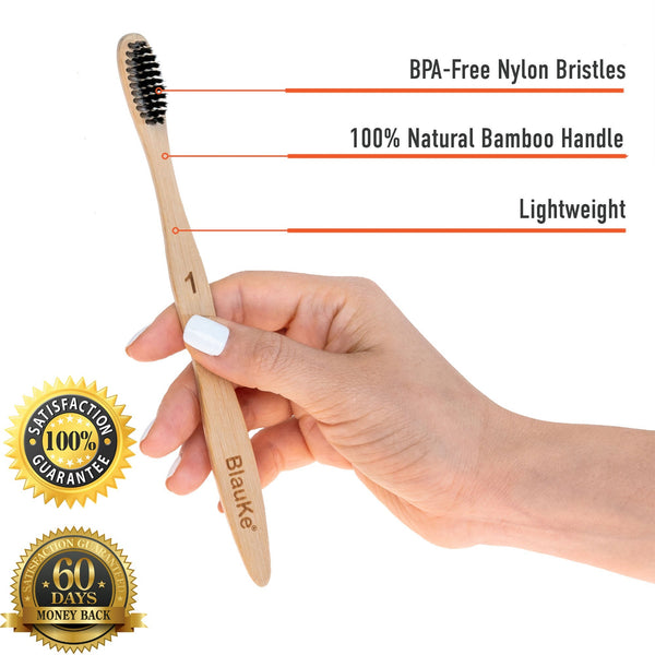 Bamboo Toothbrush Set 4 - Pack - Bamboo Toothbrushes with Soft Bristles for Adults - Eco - Friendly, Biodegradable, Natural Wooden Toothbrushes - Leaf & Stone