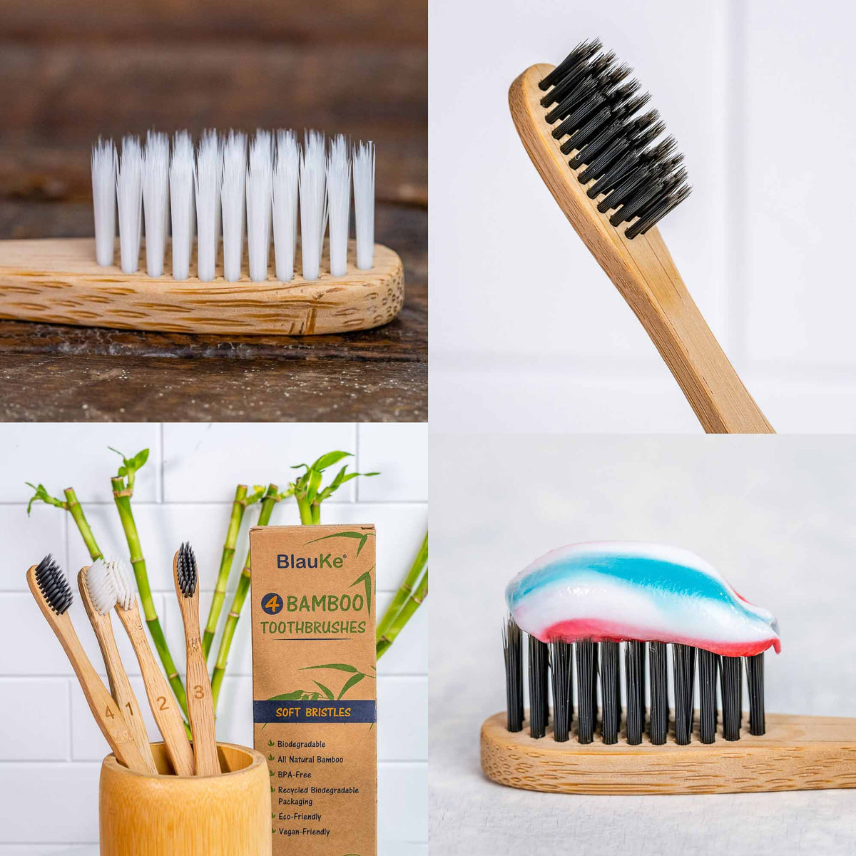 Bamboo Toothbrush Set 4 - Pack - Bamboo Toothbrushes with Soft Bristles for Adults - Eco - Friendly, Biodegradable, Natural Wooden Toothbrushes - Leaf & Stone