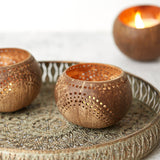 Coconut Shell Tea Light Holder Set | Eco - Friendly, Unique & Unusual Tea Light Base - Leaf & Stone