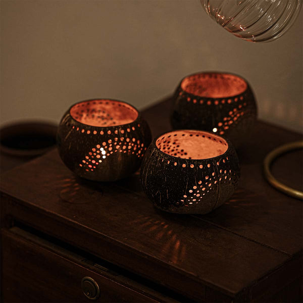 Coconut Shell Tea Light Holder Set | Eco - Friendly, Unique & Unusual Tea Light Base - Leaf & Stone