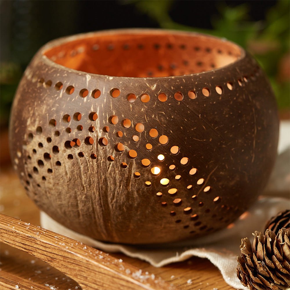 Coconut Shell Tea Light Holder Set | Eco - Friendly, Unique & Unusual Tea Light Base - Leaf & Stone