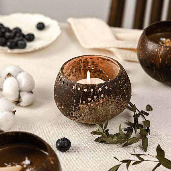 Coconut Shell Tea Light Holder Set | Eco - Friendly, Unique & Unusual Tea Light Base - Leaf & Stone