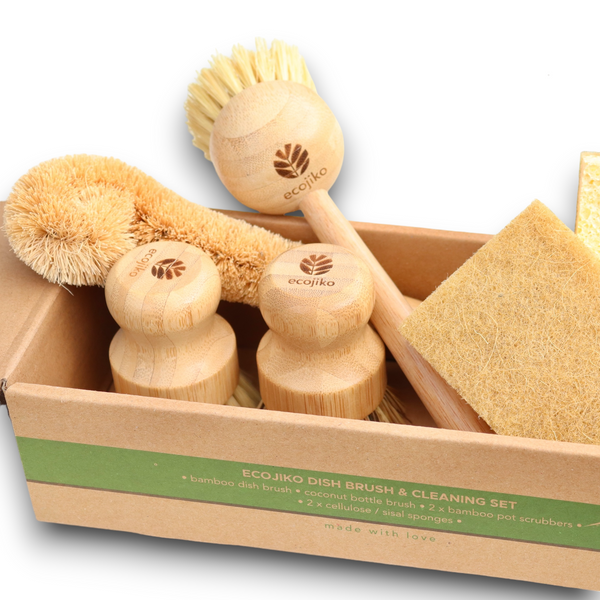 Zero Waste Kitchen Starter Kit | Natural Wooden Bamboo and Plant Based Brushes, Bamboo Dish Cloth and Cellulose Sponge Scourer Dish Brush Gift Set-0