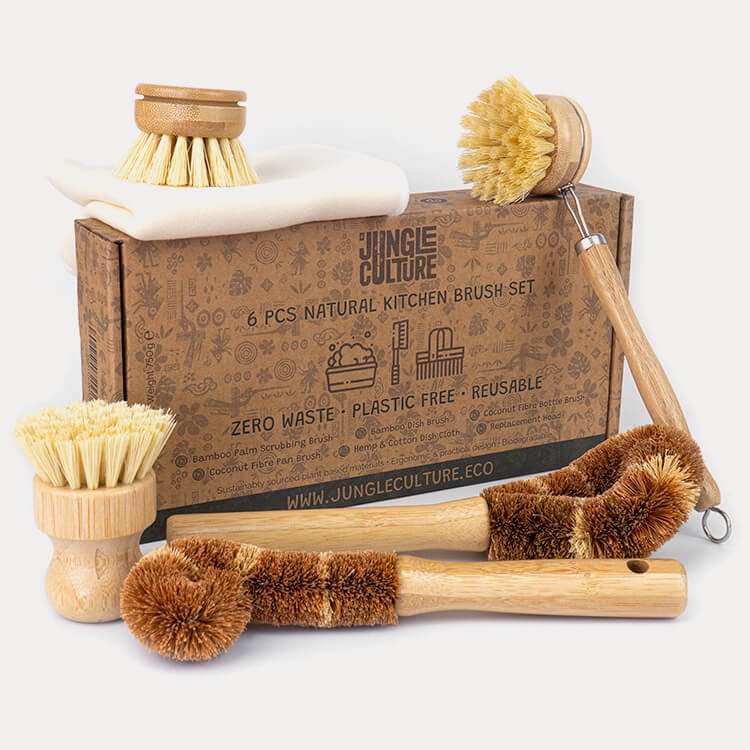 Natural Dish Brushes for Washing Up | Plant Based Kitchen Scrubber Brush (6 Piece Starter Set) - Leaf & Stone